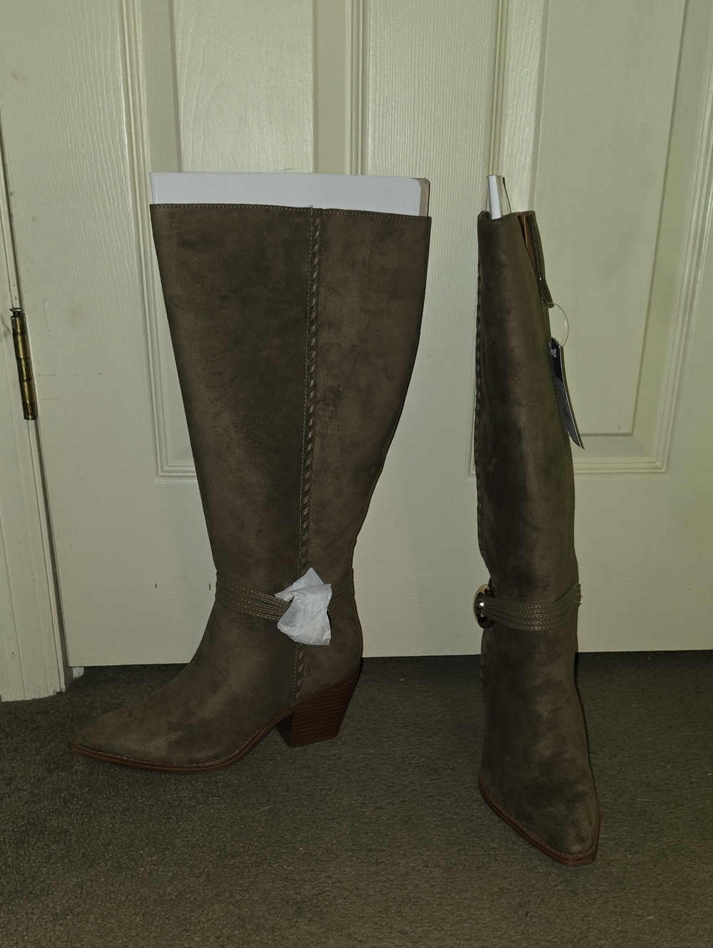 Women's Wide Calf Tall Taupe Suede Boots with Accent Buckle